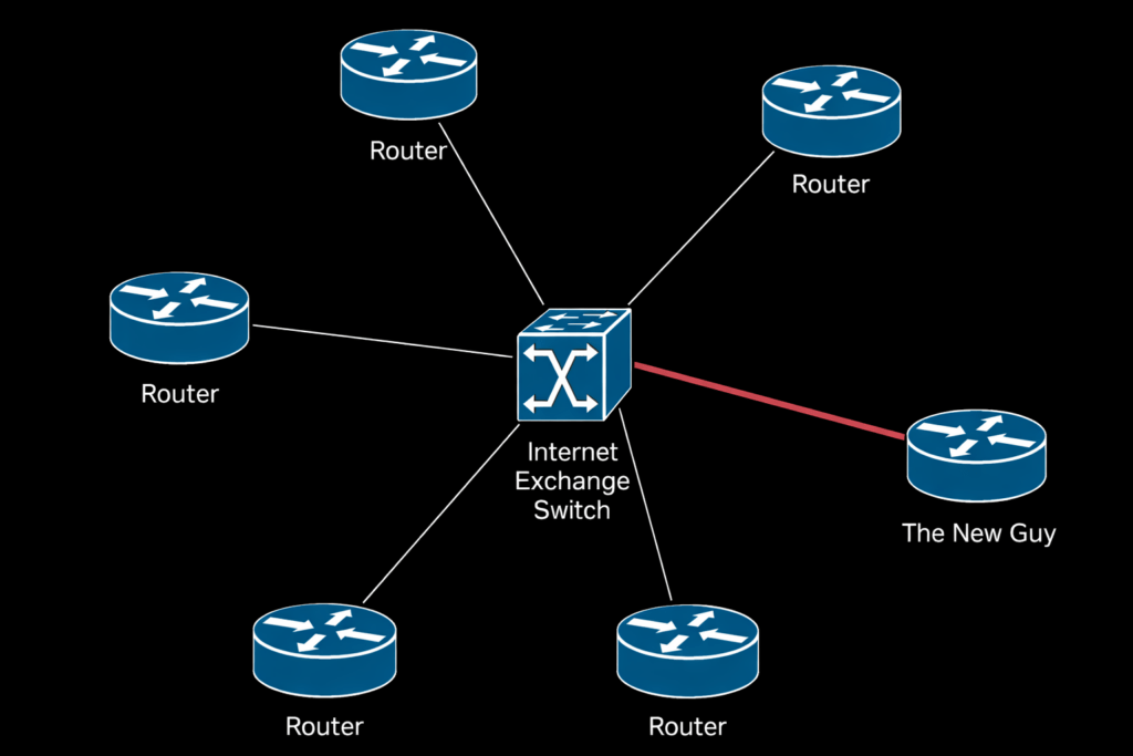 internet exchange topology diagram showing routers connected to a switch