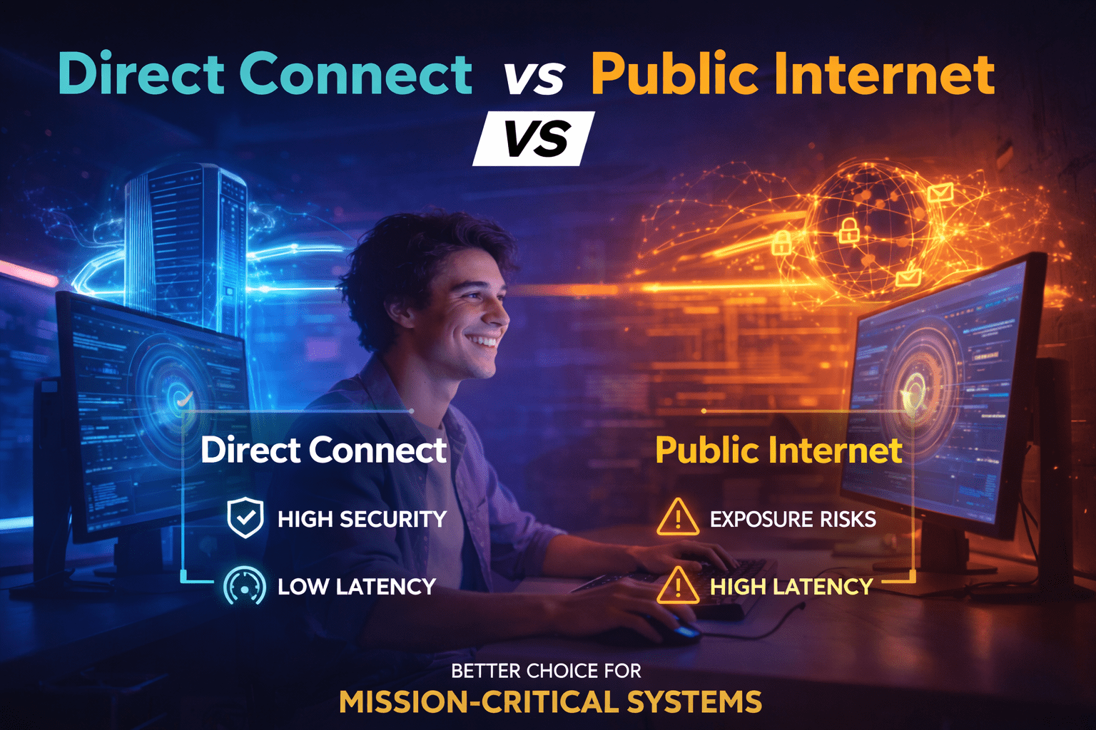 Direct Connect vs Public Internet visual comparison showing private network vs shared internet infrastructure